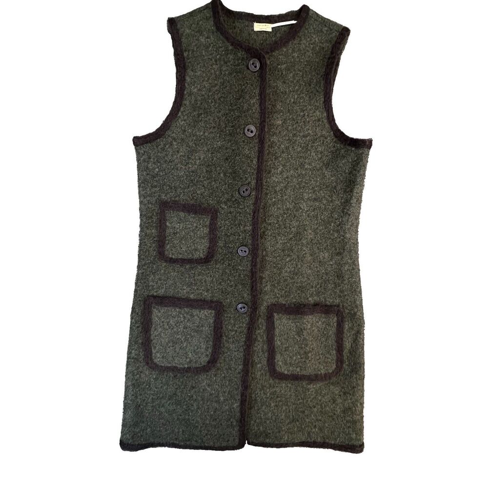 Max Studio Sz S Long Cardigan Sweater Vest Wool Green with brown trim pockets